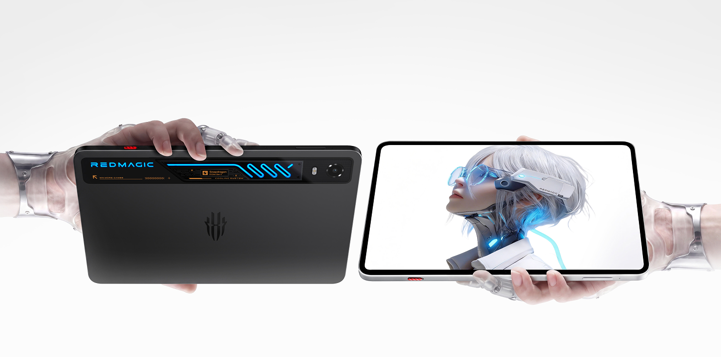 Two REDMAGIC Astra 2 gaming tablets showcasing the front display and the back cooling design.