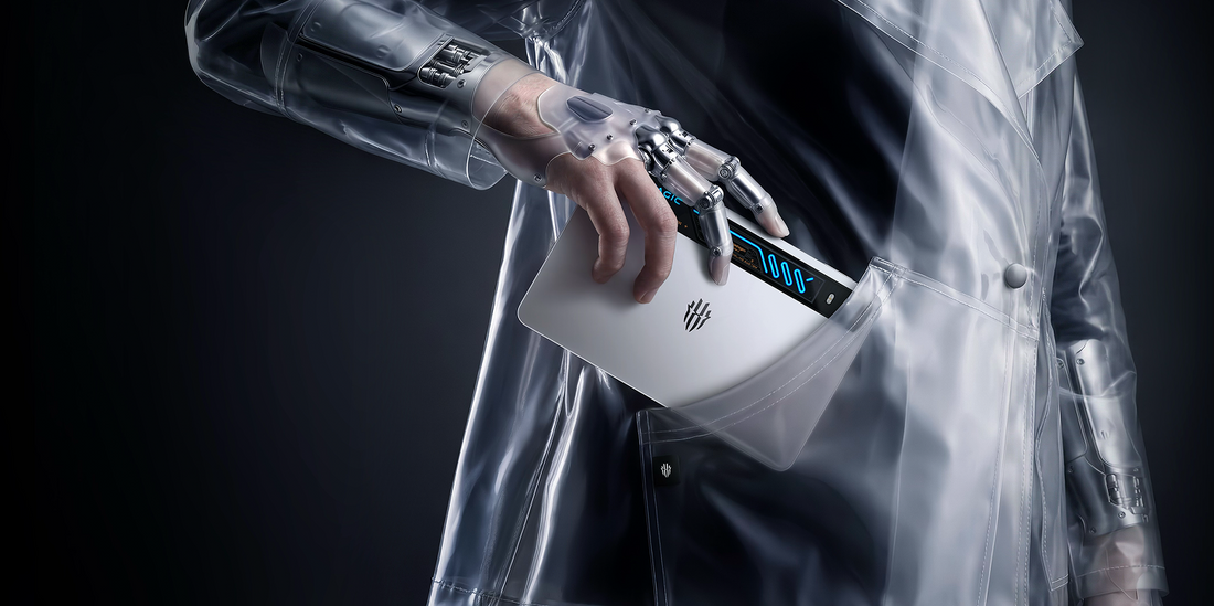 A futuristic robotic hand pulling a white smartphone from a transparent coat pocket.